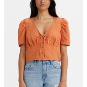 Levi’s Woven Wear Women’s Luisa Orange Cropped Puff Sleeve Top size large